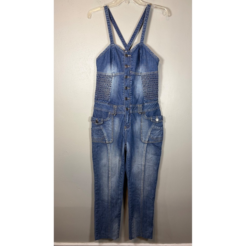 House of Dereon Denim Jumpsuit Womens L Blue Y2K Beyonce Rhinestone Fleur De Lis
